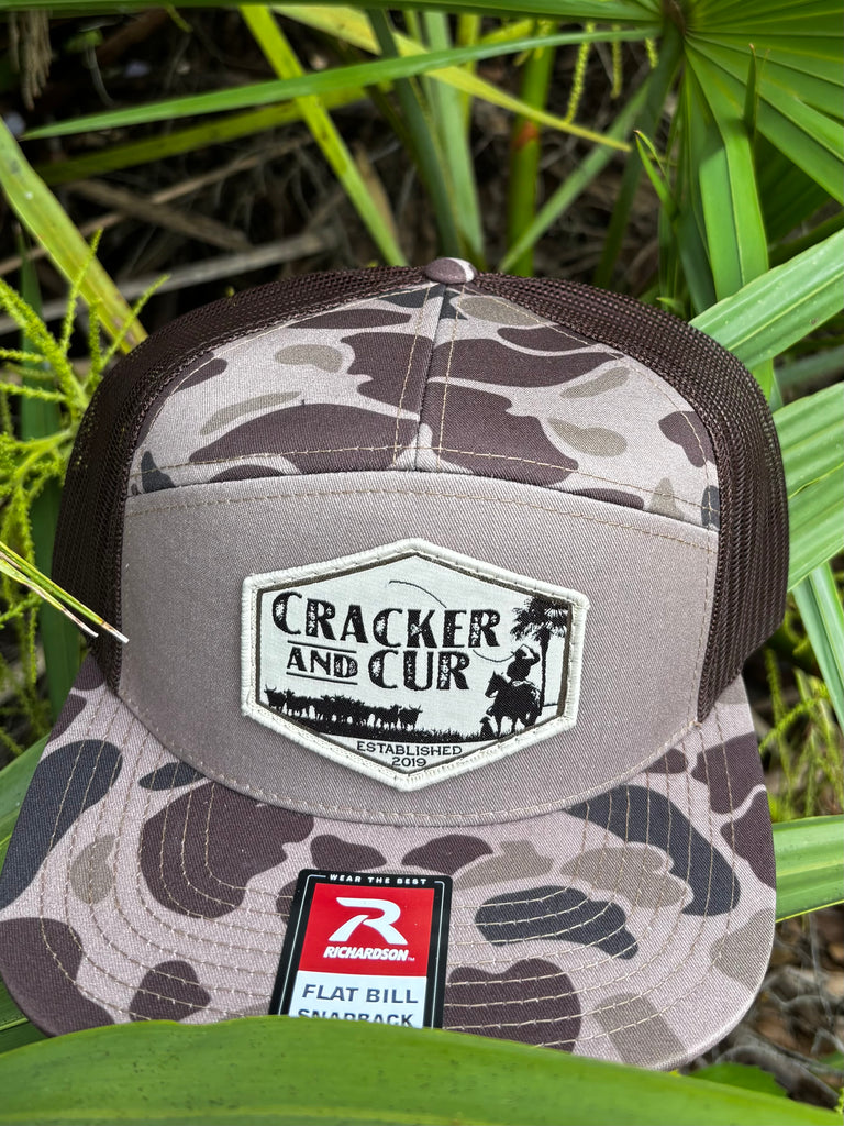 Diamond Logo Patch Hat- 7 Panel Bark Duck Camo Flatbill
