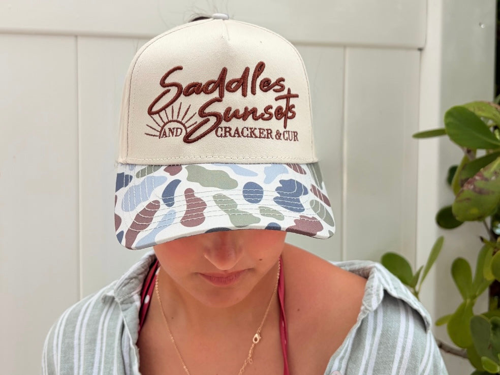 Saddles and Sunsets- Canvas Trucker Hat Cream/Camo