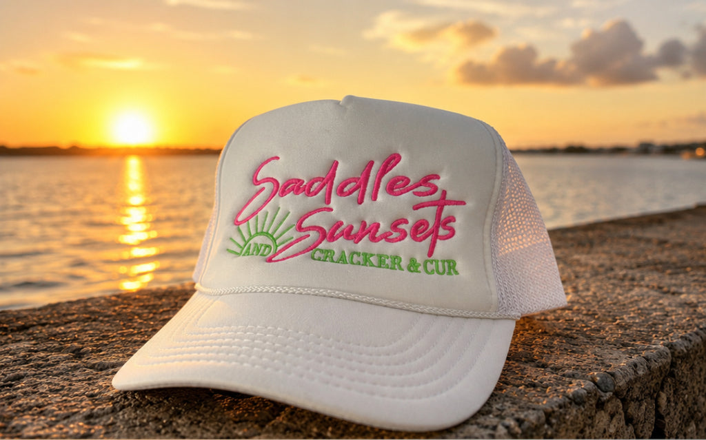Saddles and Sunsets- Foam Trucker Hat White