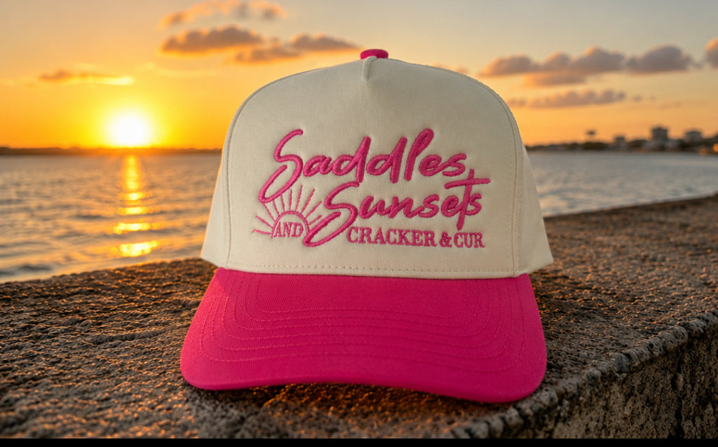 Saddles and Sunsets- Canvas Trucker Hat Cream/Pink