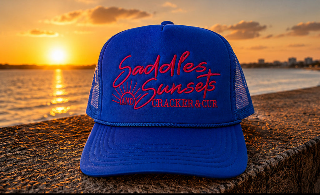 Saddles and Sunsets- Foam Trucker Hat Royal Blue