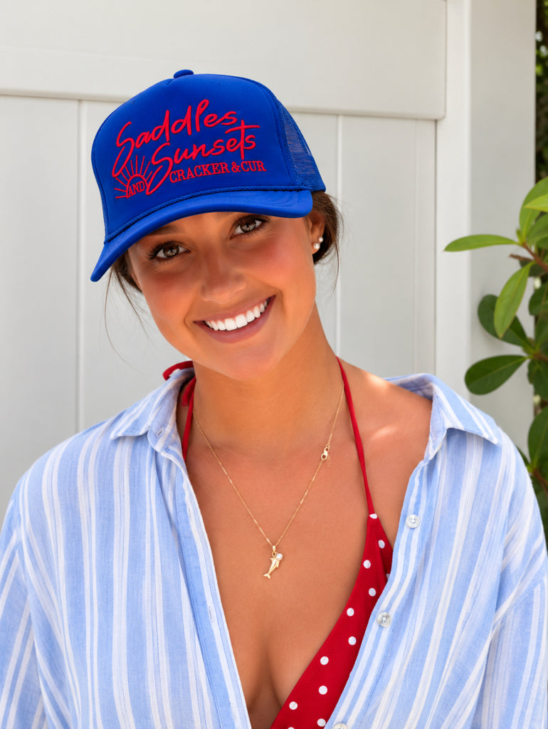 Saddles and Sunsets- Foam Trucker Hat Royal Blue