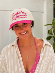 Saddles and Sunsets- Canvas Trucker Hat Cream/Pink