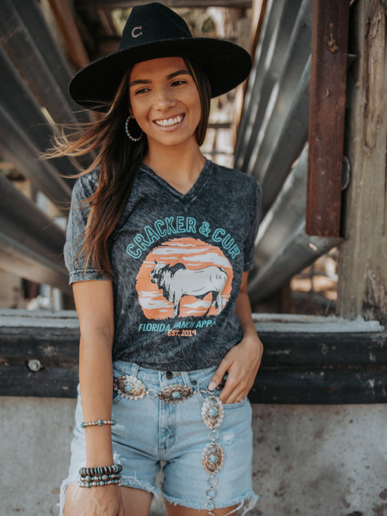 *SALE* Neon Lights V-Neck- Black Mineral Wash